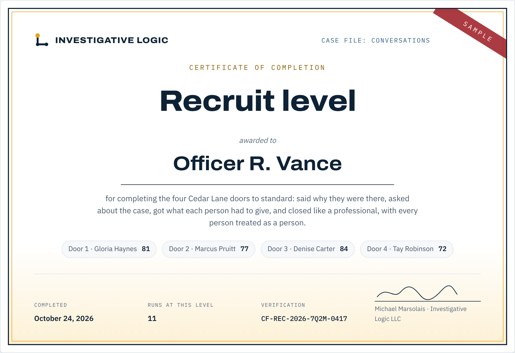 Sample certificate of completion, Recruit level